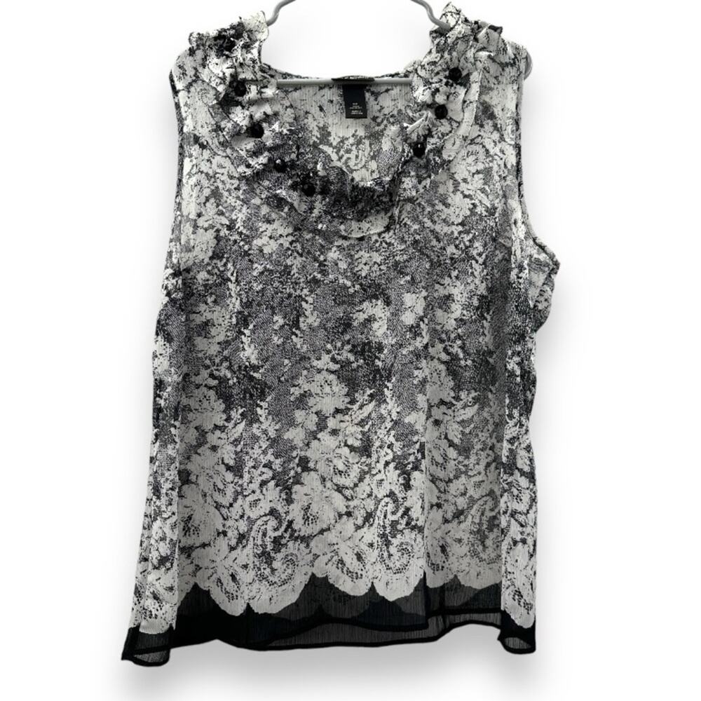 Lane Bryant Black & White Floral Ruffle Jewel Neck Sleeveless Top Size 22